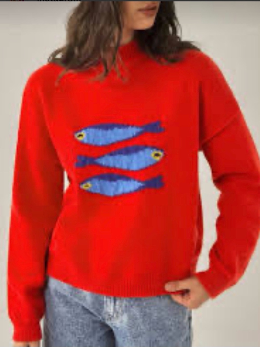 Triple Fish Pattern Crew Neck Sweater, Red, Size M, Relaxed Baggy Fit